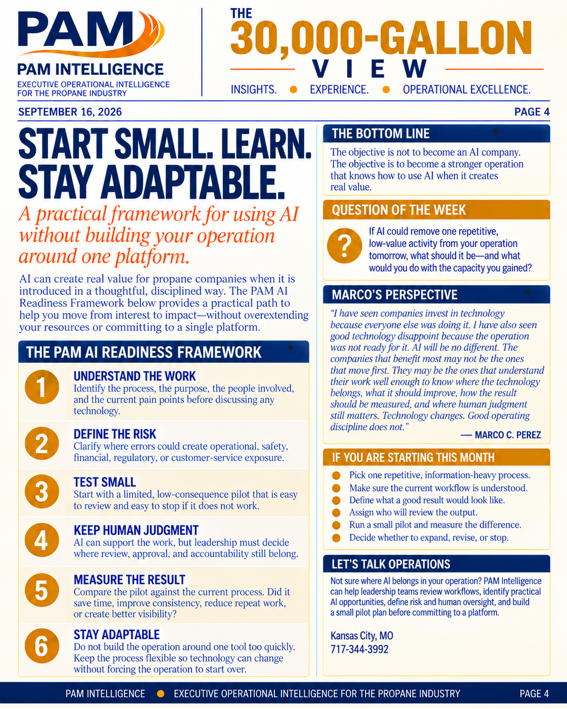 Designed edition page presenting the PAM AI Readiness Framework
