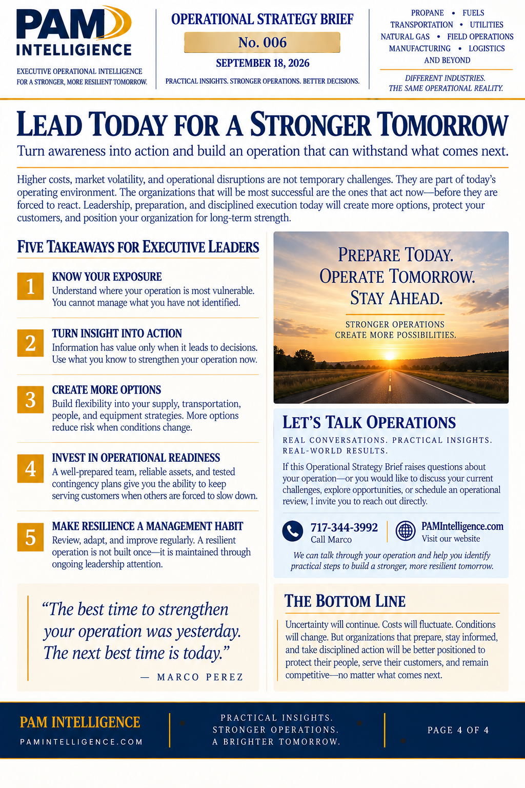 Designed edition page presenting five takeaways for executive leaders